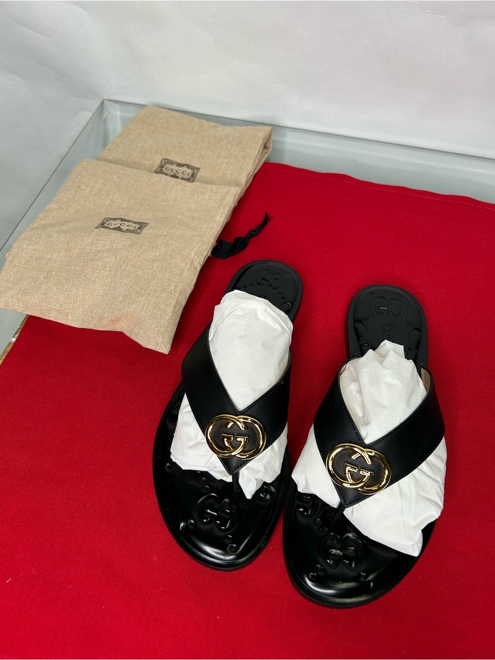 Gucci Black Leather Sandal with Gold Double G Logo